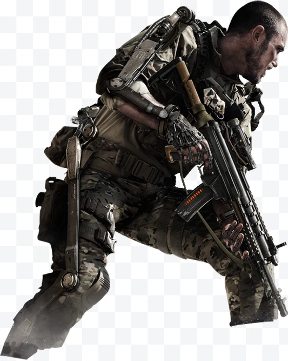 Futuristic soldier with exoskeleton and rifle