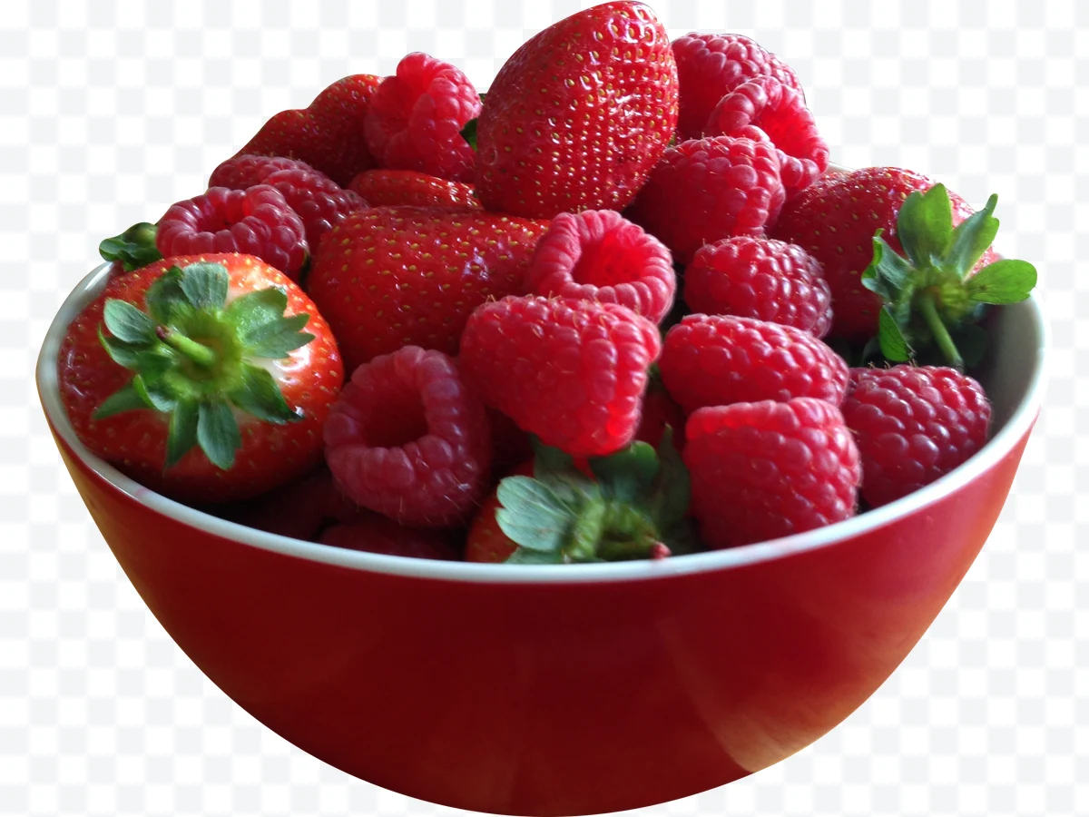 Bowl with strawberries and raspberries