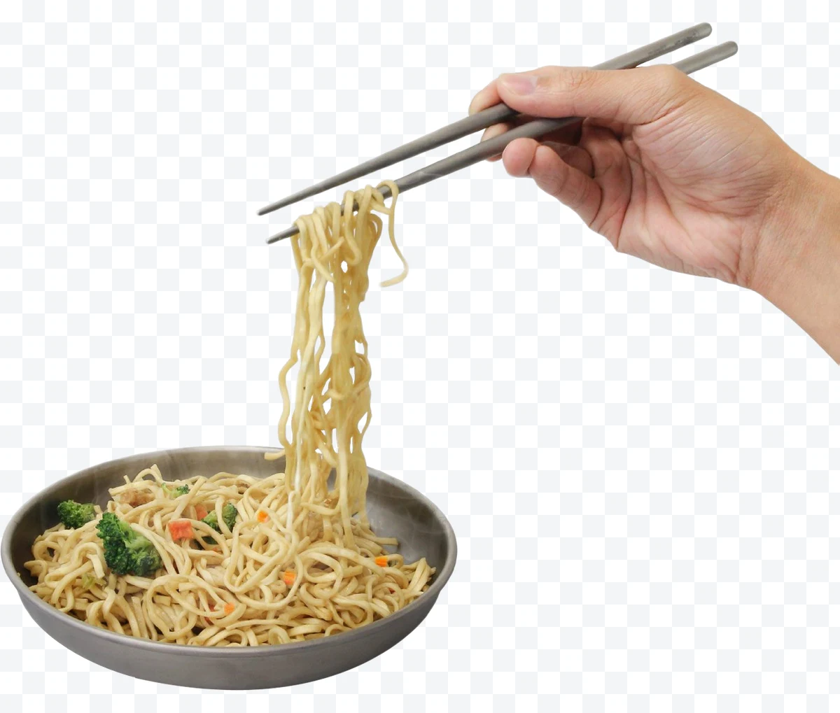 Bowl of noodles with vegetables and chopsticks