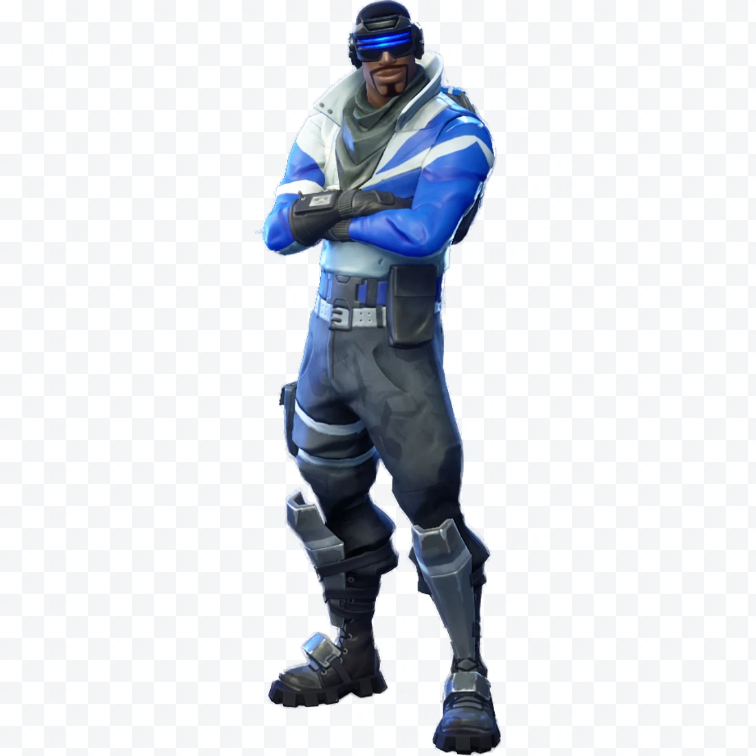 Fortnite Teknique standing with blue and white jacket, blue visor, and arms