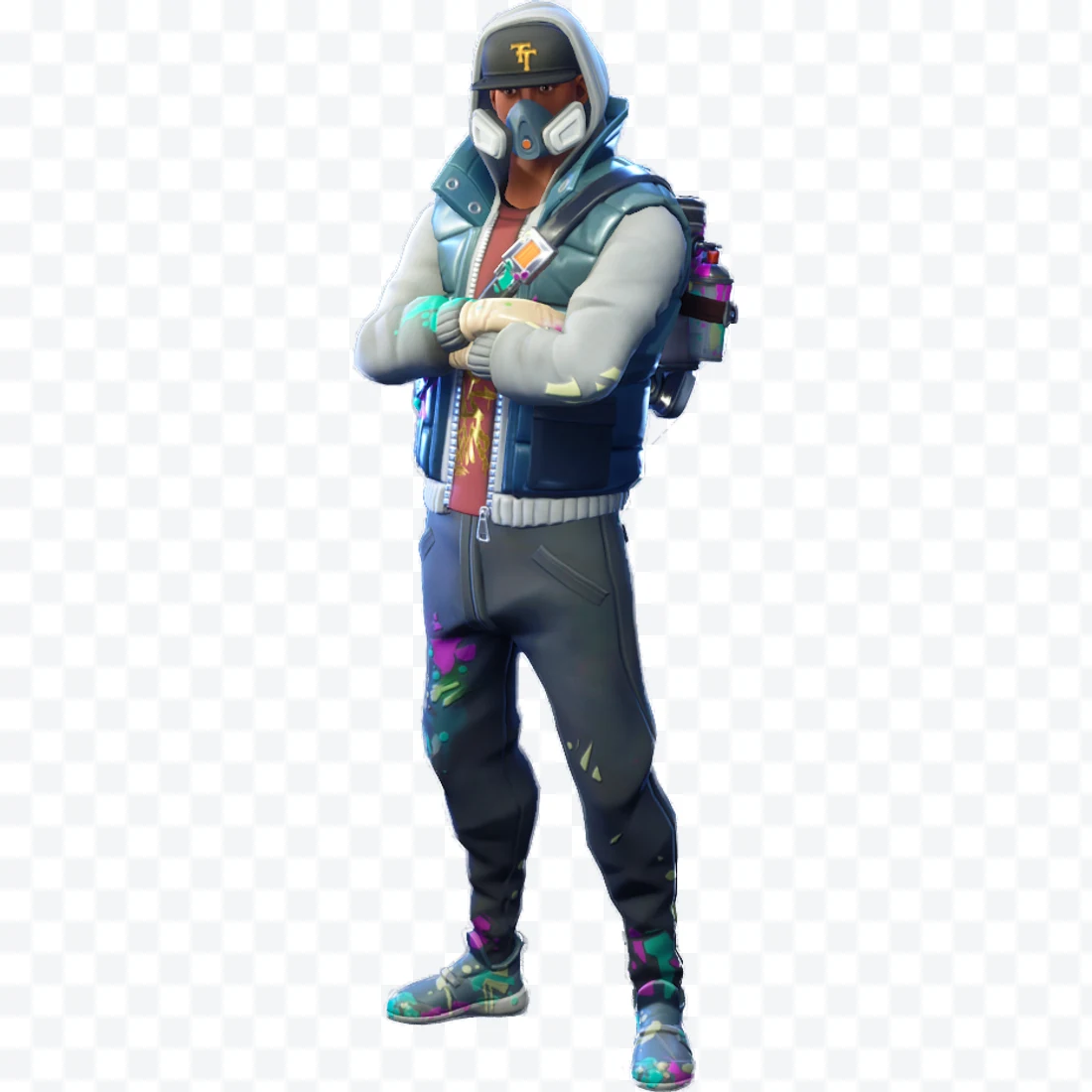 Fortnite Teknique character with mask, cap, and padded vest