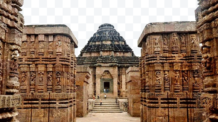 Konark Sun Temple with stone carvings and central entrance.