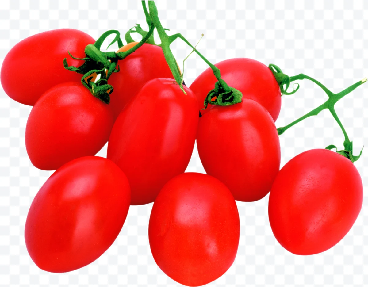 Red cherry tomatoes with green stem grouped