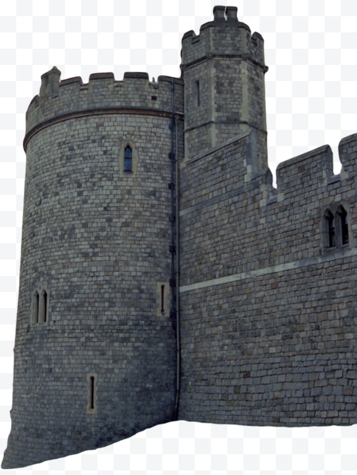 Medieval stone castle tower and wall with narrow windows and battlements