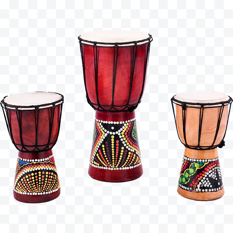 Three wooden djembes with decorative painted patterns and white heads