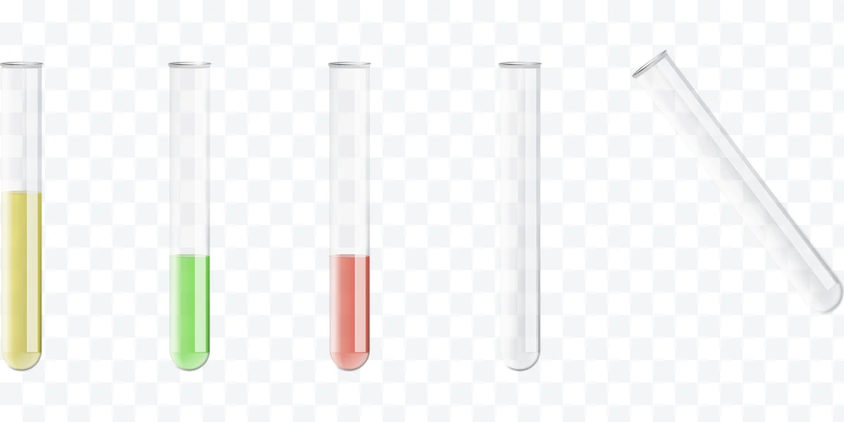 Five transparent test tubes with yellow, green, and red liquids, and two empty