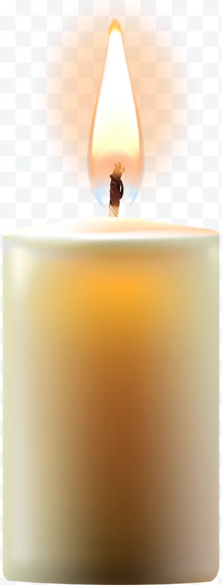 White wax lit candle with a tall flame.