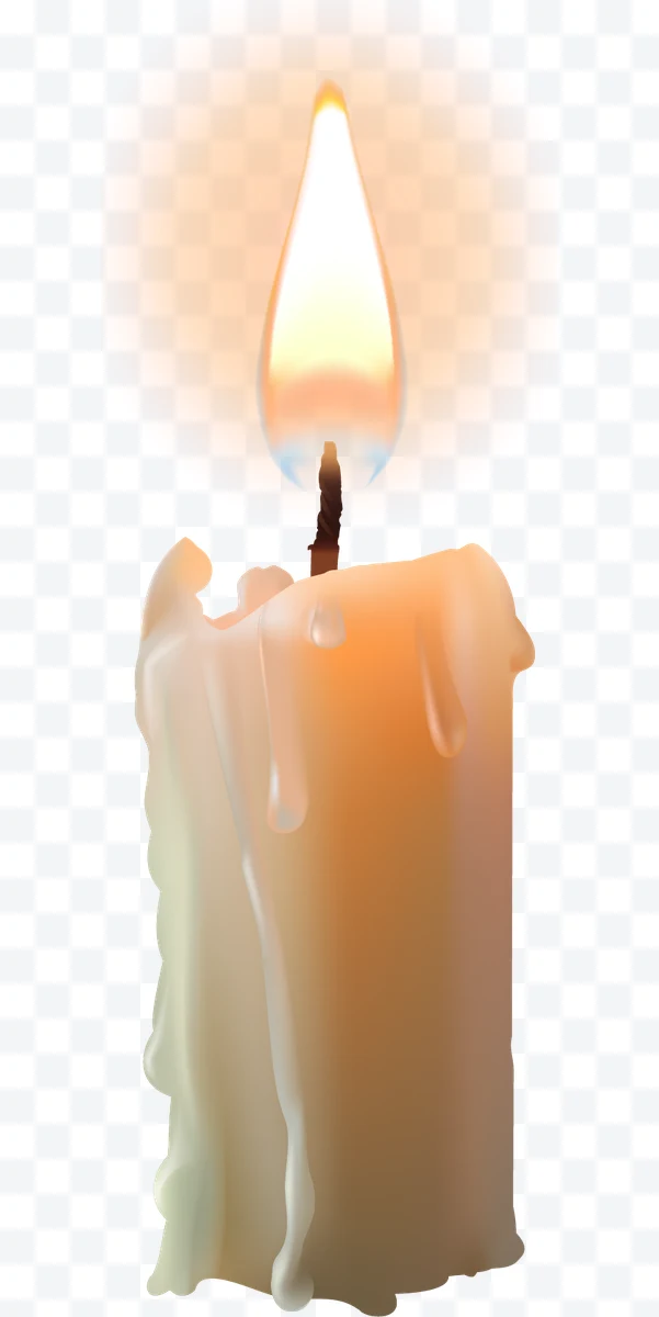 Lit candle with flame and melted wax