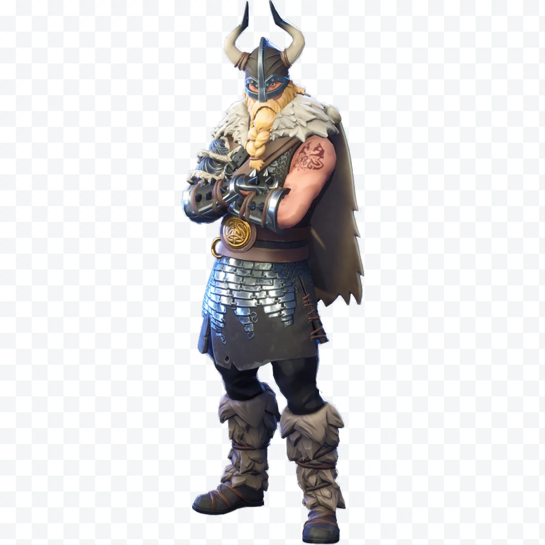 Fortnite Viking with horned helmet, tattooed arm, metal armor, and
