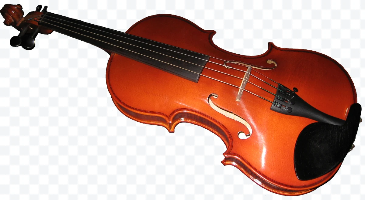 Varnished wood violin with strings and black chinrest
