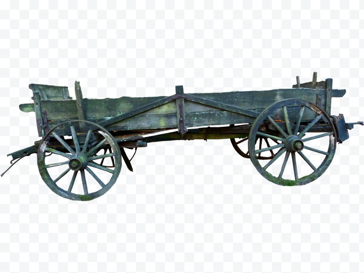 Dark green antique wooden wagon with four spoked wheels.