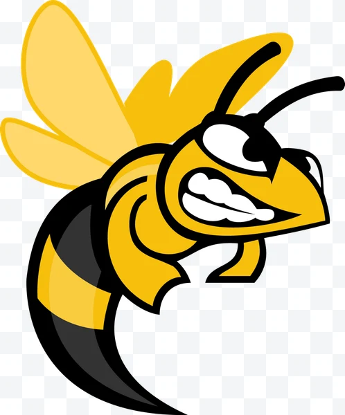 Aggressive yellow and black cartoon bee with clenched teeth and wings
