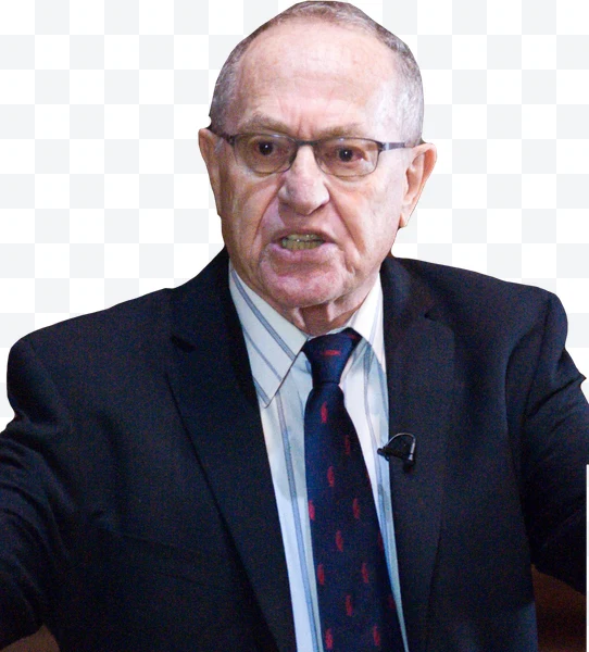 Alan Dershowitz con gafas, traje oscuro y corbata azul con detalles rojos