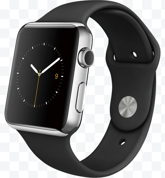 Apple Watch con correa negra y caja de acero inoxidable mostrando hora analógica