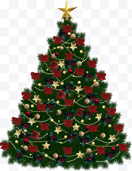 Árbol de Navidad decorado con estrella dorada, lazos rojos y bolas doradas.