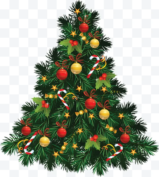 Árbol de Navidad decorado con bolas rojas y doradas, bastones de caramelo y