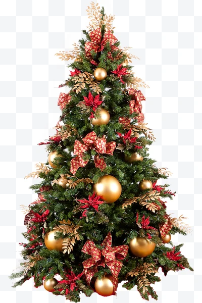 Árbol de Navidad decorado con esferas doradas, lazos rojos y flores rojas sobre