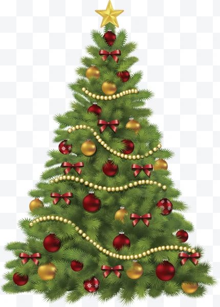 Árbol de Navidad verde con adornos rojos y dorados y estrella dorada en la punta