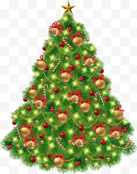 Árbol de Navidad decorado con luces, esferas doradas y rojas, lazos rojos y