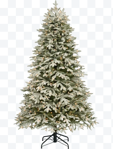 Árbol de Navidad artificial nevado con luces encendidas y base metálica negra