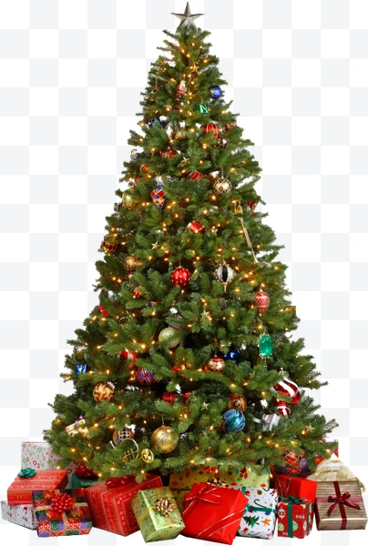 Árbol de Navidad decorado con luces y adornos, con regalos en la base