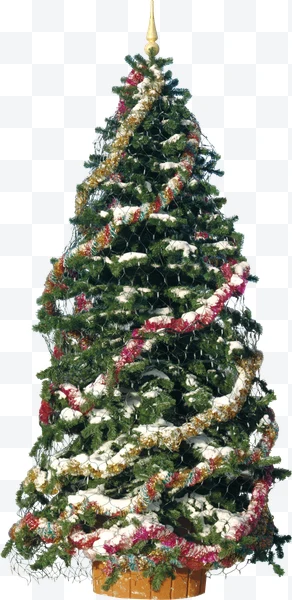 Árbol de Navidad decorado con nieve artificial y guirnaldas doradas y rojas