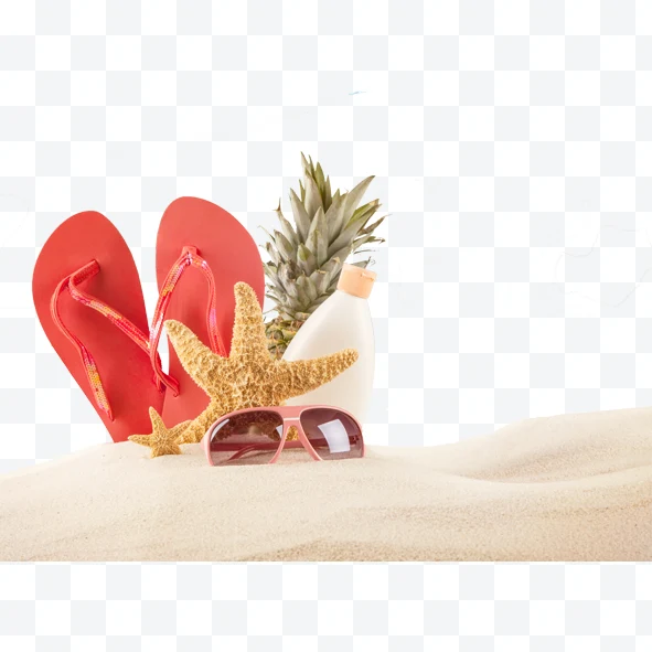 Artículos de playa con chanclas rojas, estrella de mar, piña y gafas de sol