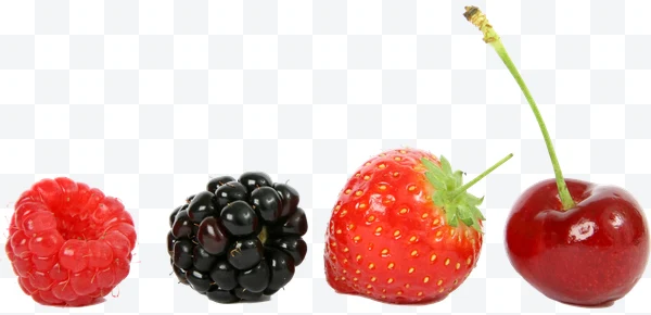 Isolated fruits: raspberry, blackberry, strawberry and cherry on a white