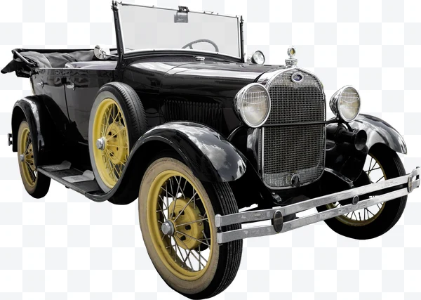 Automóvil clásico Ford negro con ruedas amarillas y capota plegable