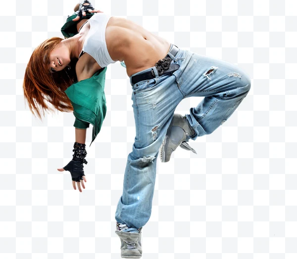Bailarina de hip hop con cabello rojo, chaqueta verde y jeans desgastados en