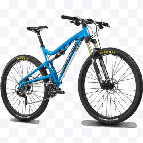 Bicicleta de montaña Santa Cruz azul de doble suspensión sobre fondo blanco.