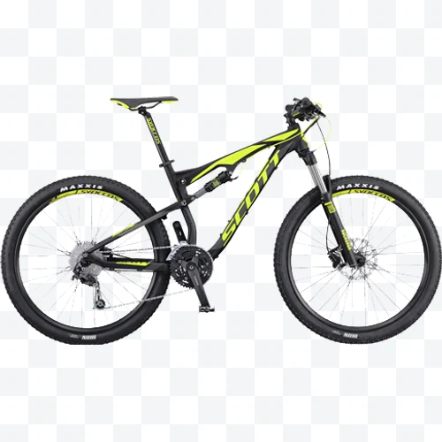 Bicicleta de montaña Scott negra y amarilla con doble suspensión vista lateral