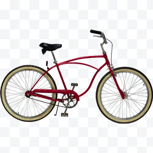Bicicleta de playa roja con asiento negro y ruedas con borde beige vista lateral