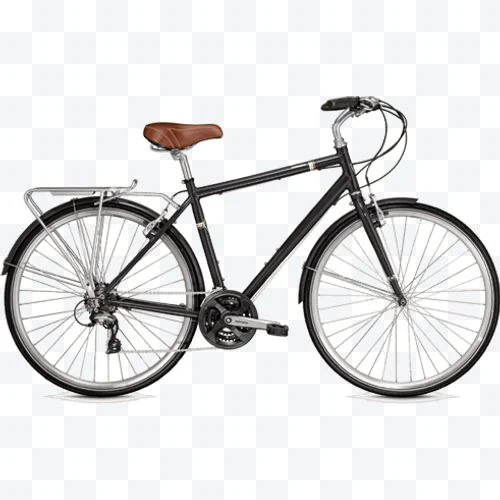 Bicicleta urbana negra con asiento marrón, portaequipajes trasero y