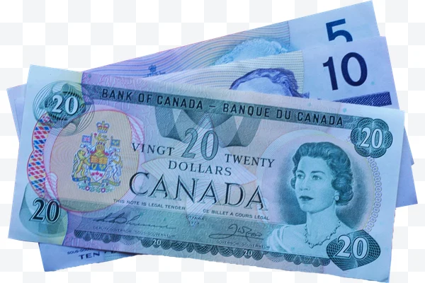 Billetes canadienses de 5, 10 y 20 dólares apilados con retrato y escudo