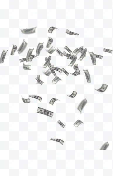 Billetes de dólar cayendo sobre fondo blanco.