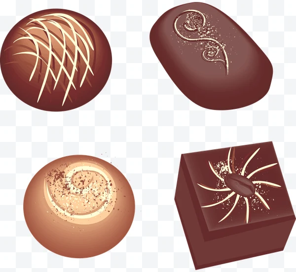 Cuatro bombones de chocolate decorados con chocolate blanco y cacao en polvo.