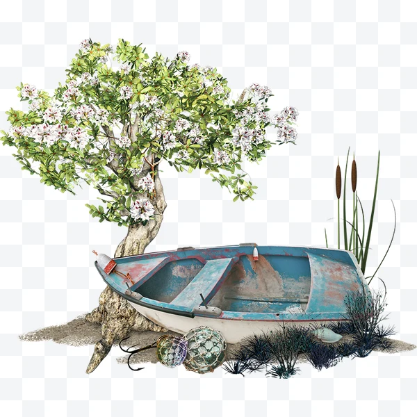 Bote oxidado junto a un árbol florecido y plantas acuáticas
