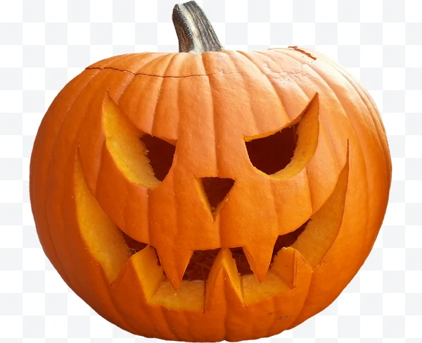 Calabaza tallada de Halloween con ojos y boca en forma de cara de miedo
