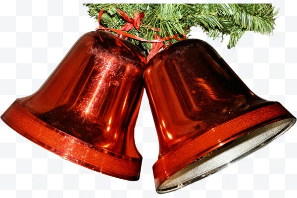 Campanas navideñas rojas metálicas con cinta roja y ramas de pino verde