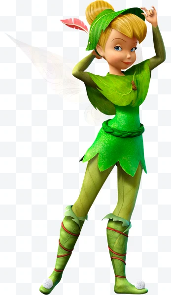 Campanita con vestido verde y alas de hada ajustándose el sombrero con pluma