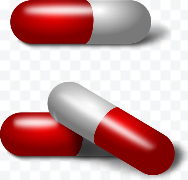 Cápsulas médicas rojas y grises brillantes sobre fondo claro cuadriculado