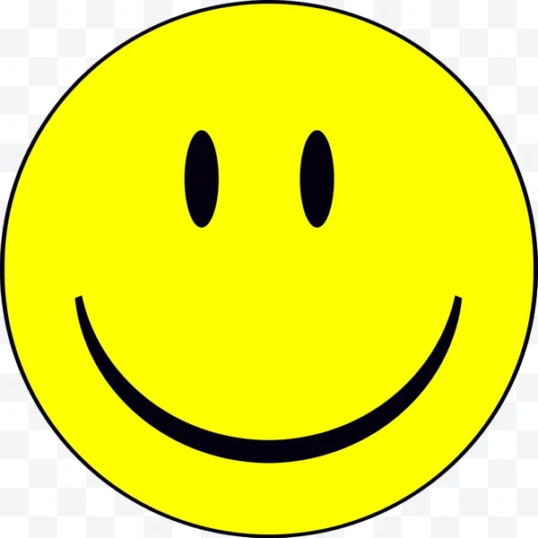 Cara sonriente amarilla con ojos ovalados negros y boca sonriente negra
