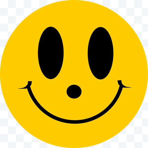 Cara sonriente amarilla con ojos ovalados negros y nariz redonda negra