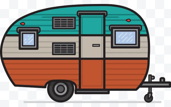 Caravana vintage con franjas turquesa, beige y naranja y ventanas