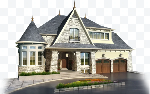 Casa residencial con fachada de piedra, techo gris y garaje doble de madera