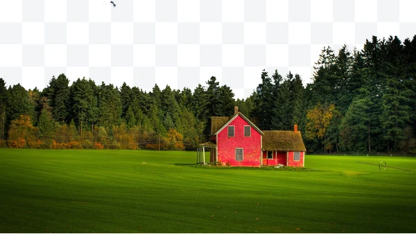Casa roja en campo verde