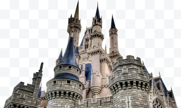 Castillo de Disney con torres de piedra y techos azules visto desde abajo.