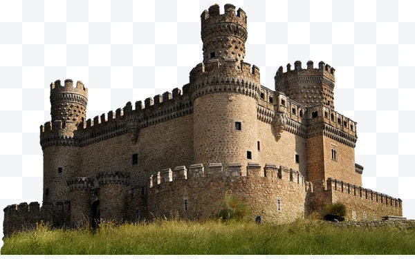 Castillo medieval de piedra con torres redondas y muros almenados.