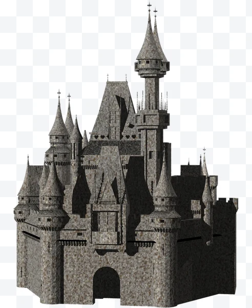 Castillo medieval de piedra gris con torres puntiagudas y puerta arqueada